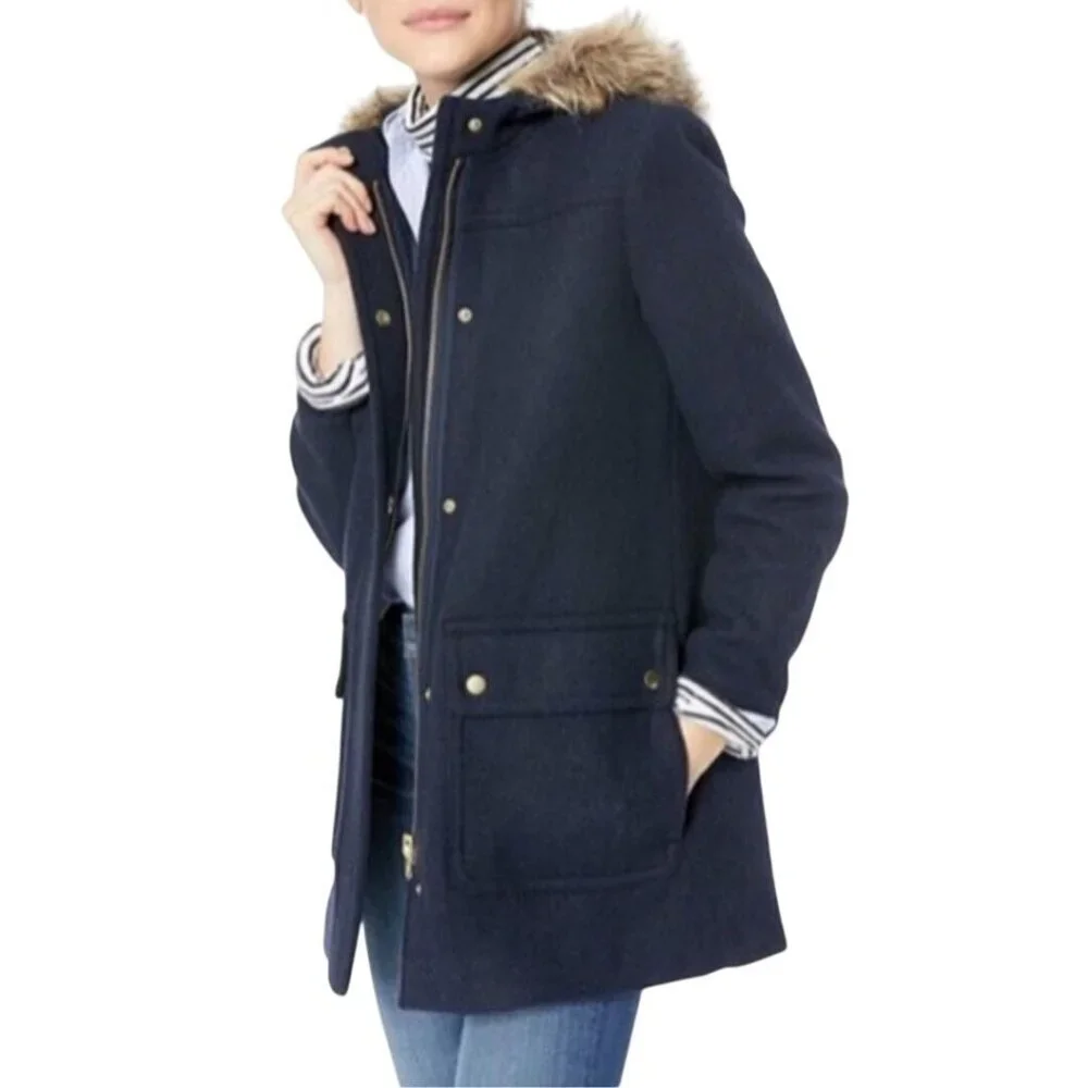 J.Crew Mercantile Vail Parka Hooded Faux Fur Trim Wool Blend Snap Zip Size XL